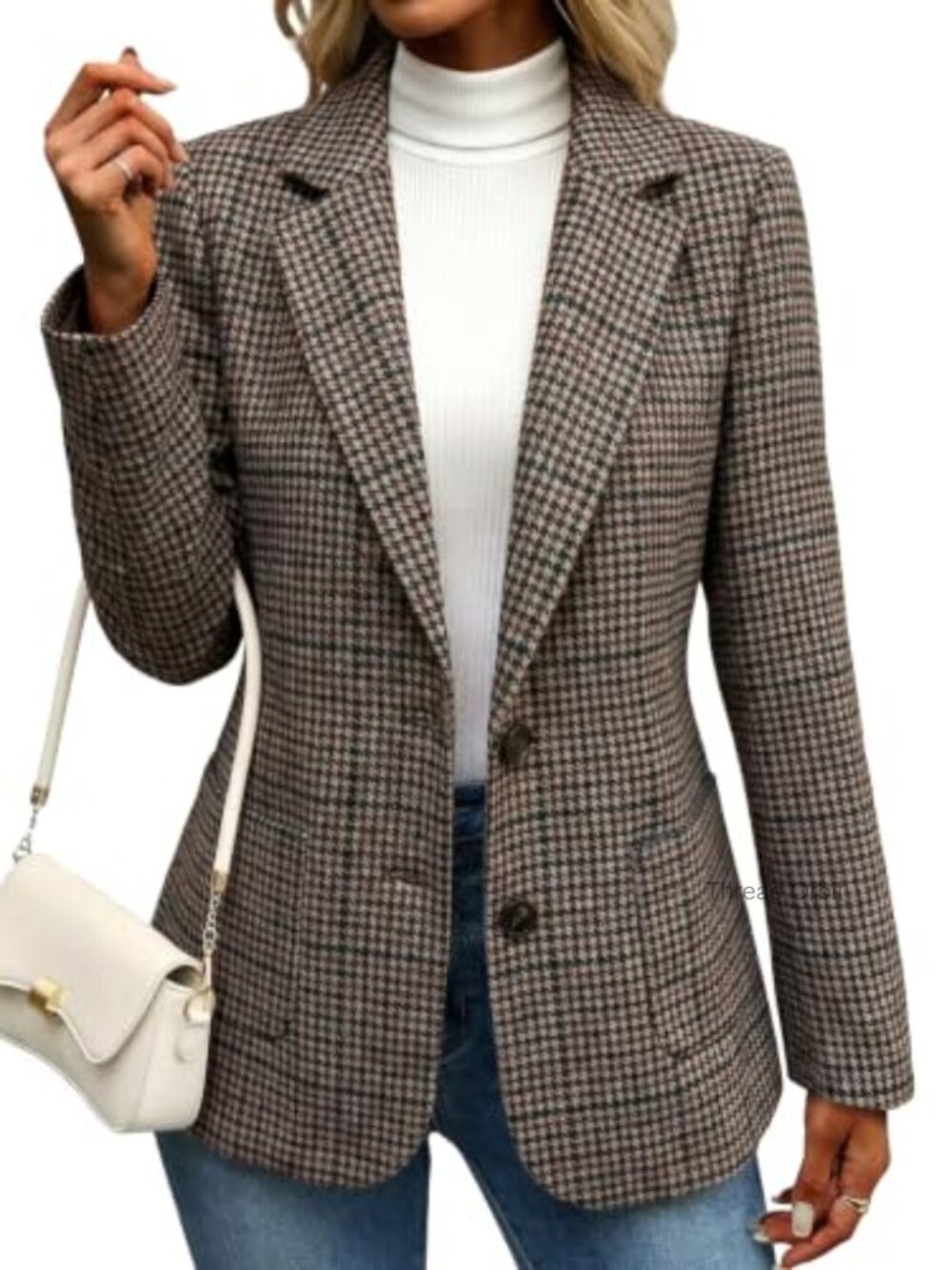 Wool Blend Houndstooth Blazer Fitted V-Neck Long Sleeve Business Casual